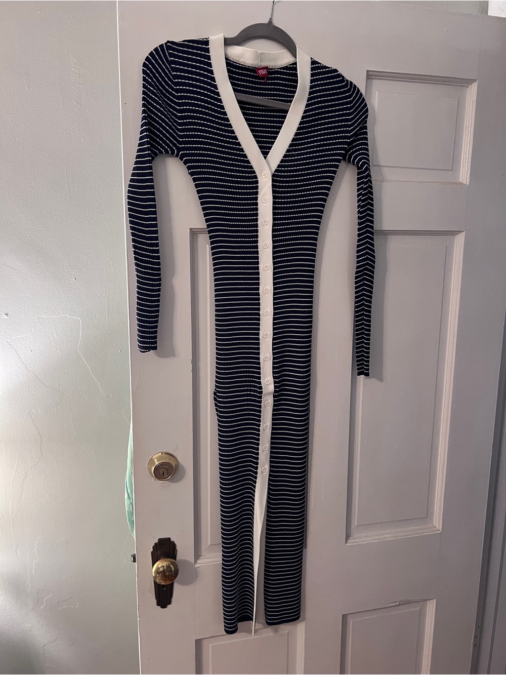 STAUD Navy & White Striped Button-Front Long Sleeve Midi Dress